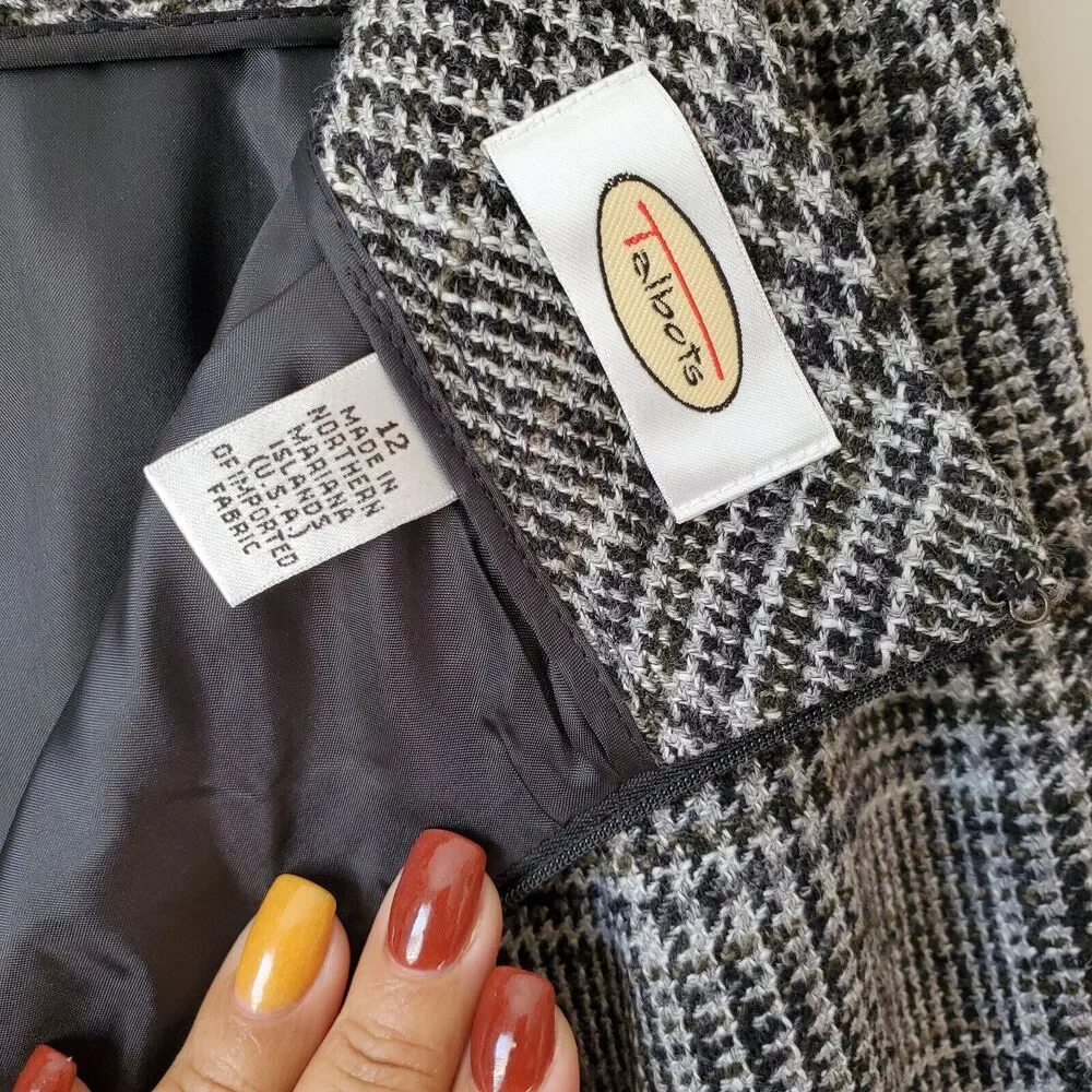 VTG 90s Gray Wool Tweed Houndstooth Pencil Skirt L 12 Retro Classic Old Money
